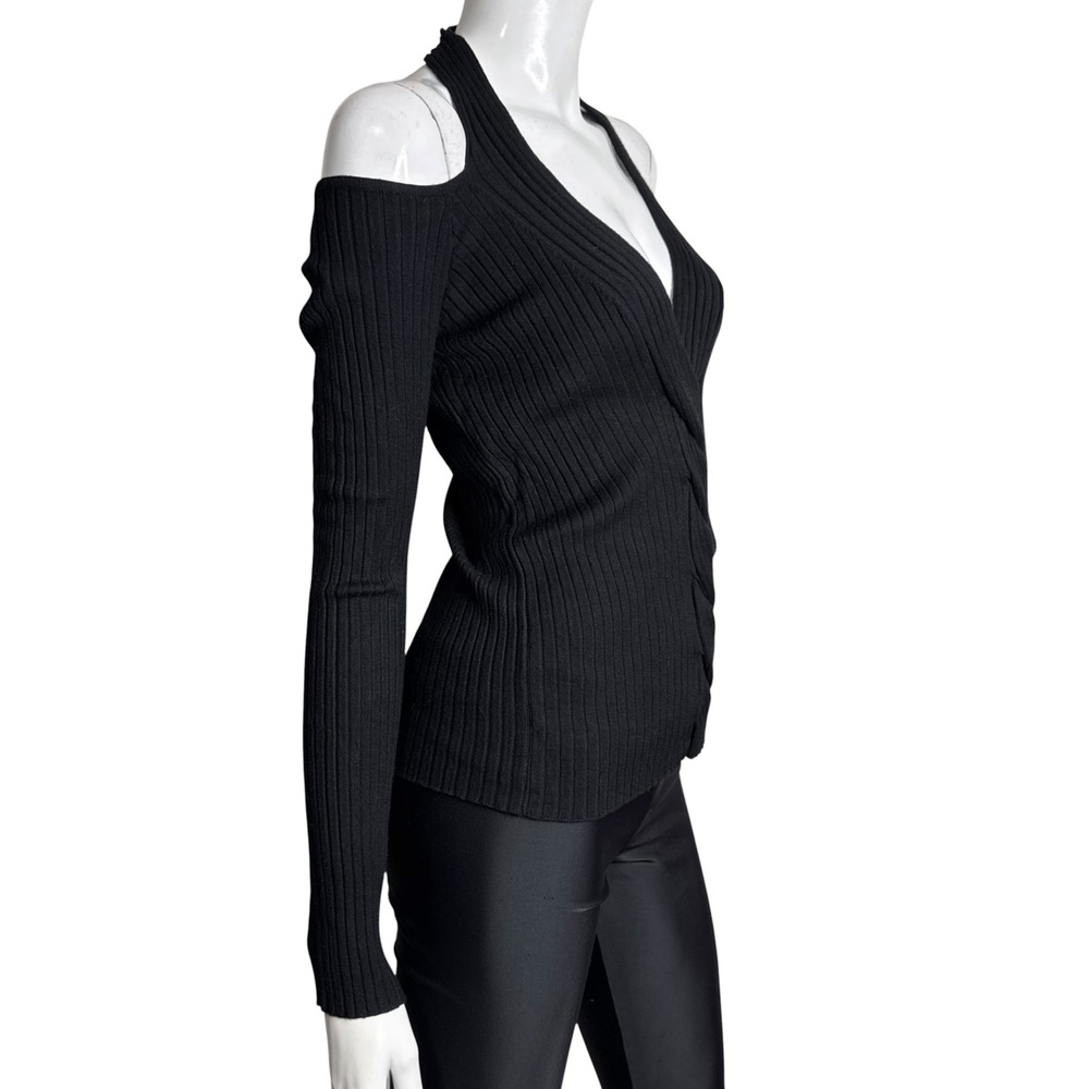 Express Black Ribbed Cold Shoulder Halter V-Neck Twisted Cable Knit Sweater Top - Picture 4 of 6